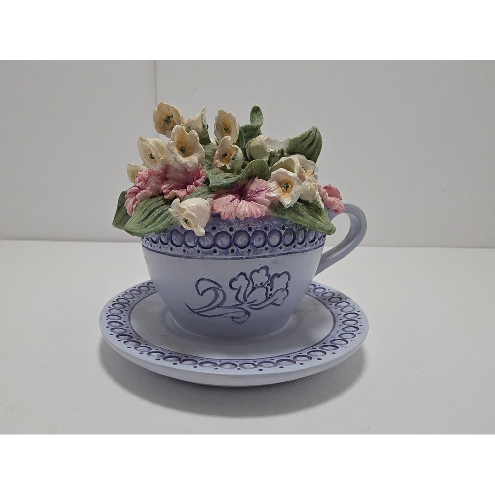 Avon Floral Teacup and Saucer Music Box Working Vintage Sculpted Flowers Blue